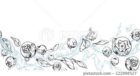 Blueberry blackberry flying in water splashes with drops, hand drawn in ink vector, ripe sketch forest berry and leaves. Seamless banner illustration for restaurant, cafe menu, wedding, farmers market Blueberry blackberry flying in water splashes with drops, hand drawn in ink vector, ripe sketch forest berry and leaves. Seamless banner illustration for restaurant, cafe menu, wedding, farmers market 122998527