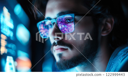 A man wears digital glasses and gazes at a holographic display. Futuristic technology and innovation. Generative AI. 122999443