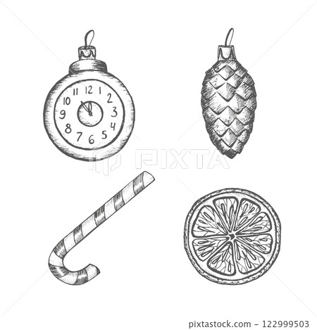 Vector set with glass cone and clock, candy cane, orange, mandarin. Christmas tree decorations. Graphics illustration on white background shape. Perfect for New Year composition, wrapping paper, gift 122999503