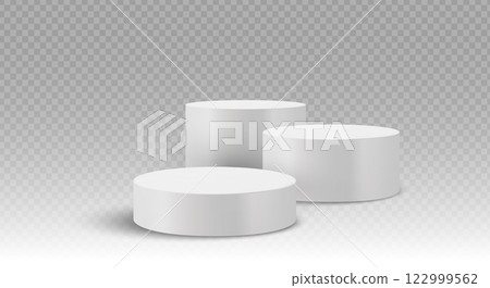 Three white cylindrical podiums with shadows on a transparent background. Stage showcase platforms vector. 122999562