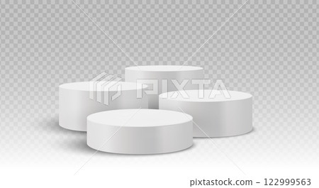 Four cylindrical podiums arranged in a staggered layout on a transparent background. Stage showcase platforms vector. 122999563