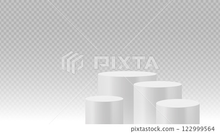 Four white cylindrical podiums in varied heights on a transparent background. Stage showcase platform vector. 122999564