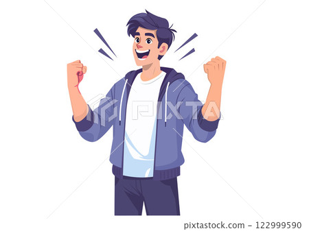 Flat style illustration of a young man raising his fists in delight at his success. 122999590