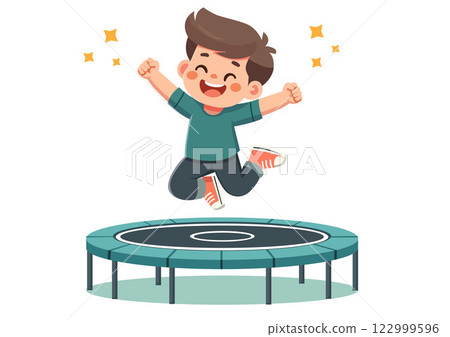 Flat style illustration of a happy boy jumping high on a trampoline with his arms raised in the air. Flat style illustration of a happy boy jumping high on a trampoline with his arms raised in the air. 122999596