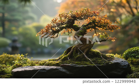 The beautiful branches of bonsai and the atmosphere of a Japanese garden 122999948