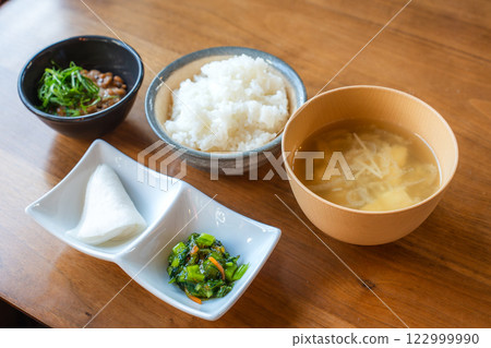 Japanese breakfast set with natto and miso soup 122999990
