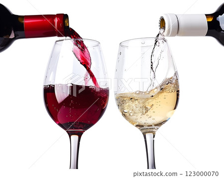 White and red wine poured into glasses, white background 123000070