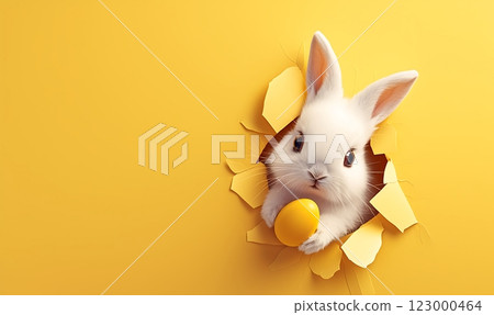 一隻可愛的白兔從紙洞裡探出頭來,手裡拿著一顆復活節彩蛋,這幅畫面非常別緻。 一隻可愛的白兔從紙洞裡探出頭來,手裡拿著一顆復活節彩蛋,這幅畫面非常別緻。 123000464