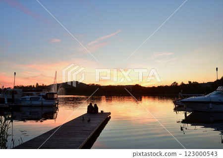Metz, France. An artificial lake at magic hour on May 11, 2024. 123000543