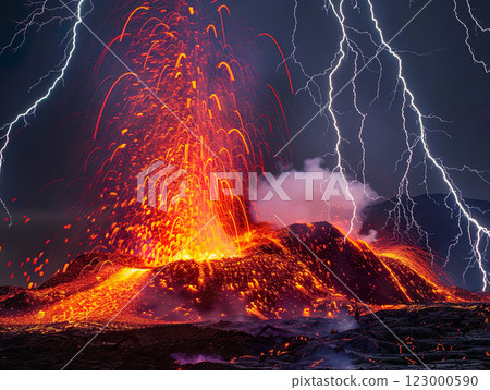 Imagination of a Volcano eruption near Santorini island. A dramatic scene unfolds as lightning strikes a violently erupting volcano. 123000590