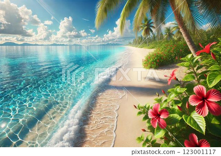 Hibiscus and the tropical sea 123001117