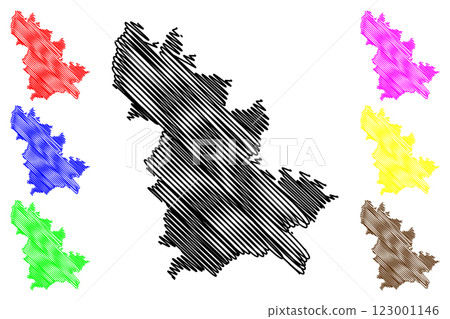 Wychavon Non-metropolitan district (United Kingdom of Great Britain and Northern Ireland, ceremonial county Worcestershire or Worcs, England) map vector illustration, scribble sketch map 123001146