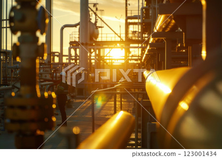 A close-up of a carbon capture and storage facility at sunset showcasing industrial processes and infrastructure A close-up of a carbon capture and storage facility at sunset showcasing industrial processes and infrastructure 123001434