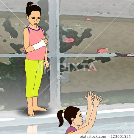 A girl with a bandaged arm stands by a pool while another girl is swimming. They appear to be indoors, with a window showing a blurred outdoor view. A girl with a bandaged arm stands by a pool while another girl is swimming. They appear to be indoors, with a window showing a blurred outdoor view. 123001535