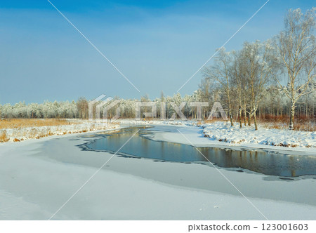 Amazing sunny winter landscape of a river in a forest. Amazing sunny winter landscape of a river in a forest. 123001603