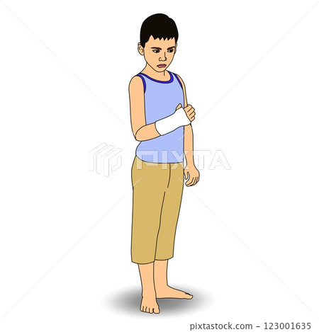 A young boy stands barefoot on a white background, looking down at his bandaged hand.  123001635