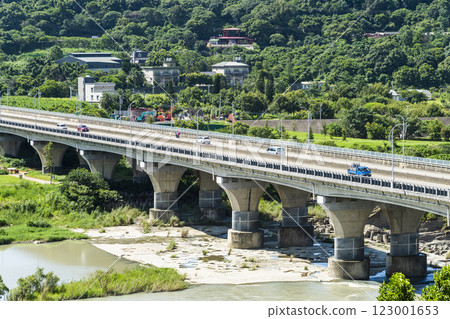 View of Provincial Highway 3 crossing the Dahan River in Daxi of Taoyuan, Taiwan. it's also known as the Wuling Bridge. 123001653