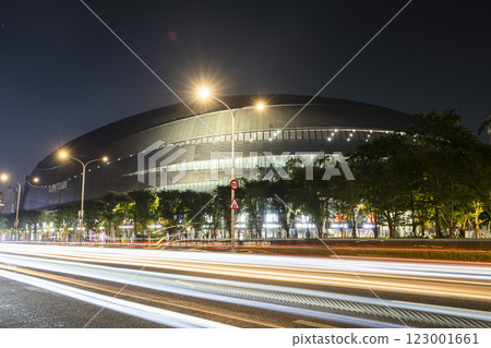 Night view of the Taipei Dome in Taiwan, also known as the Farglory Dome, is a multi-purpose domed stadium. 123001661