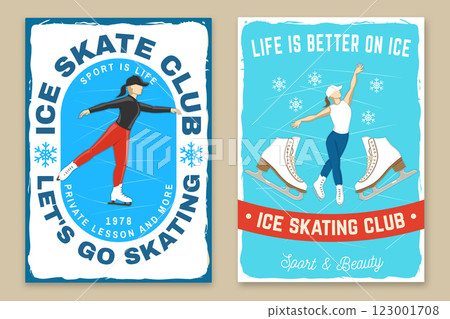 Set of Ice Skate club flyer, poster, banner design. Concept for shirt or logo, print, stamp or tee with skate, ice skater girl. Winter sport. Vector illustration. 123001708
