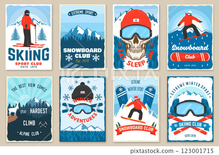 Vector ski club retro flyer, poster, banner with mountain, snowboarder, mountaineers, ski glasses, skull skeleton, ski, helmet, ski boot. Family vacation, activity or travel. Extreme winter sport 123001715