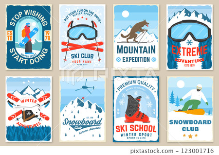 Vector ski club retro flyer, poster, banner with mountain, ski glasses, snowboarder, mountaineers, ski, helmet, ski boot. Family vacation, activity or travel. Extreme winter sport Vector ski club retro flyer, poster, banner with mountain, ski glasses, snowboarder, mountaineers, ski, helmet, ski boot. Family vacation, activity or travel. Extreme winter sport 123001716