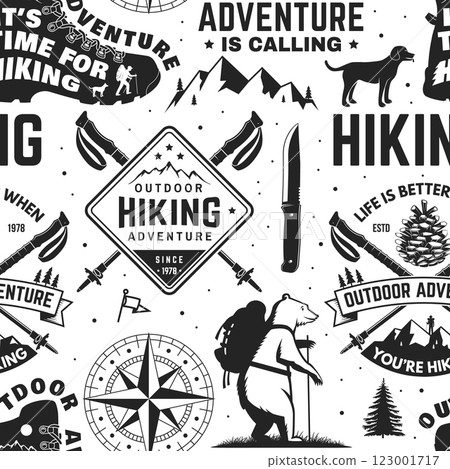 Hiking outdoor adventure seamless pattern with emblems, logos. Background, wallpaper, seamless pattern with human skull skeleton in hat, hiking boot, pine cone, hiker bear with backpack, mountains. 123001717