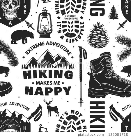 Hiking outdoor adventure seamless pattern with emblems, logos. Background, wallpaper, seamless pattern with human skull skeleton in hat, hiking boot, pine cone, hiker bear with backpack, mountains. Hiking outdoor adventure seamless pattern with emblems, logos. Background, wallpaper, seamless pattern with human skull skeleton in hat, hiking boot, pine cone, hiker bear with backpack, mountains. 123001718