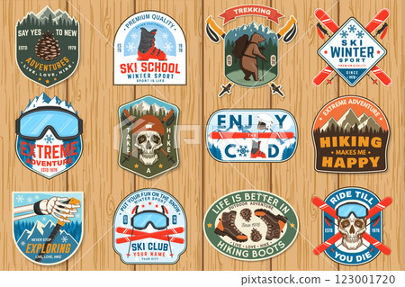 Set of ski winter sport and hiking outdoor adventure emblems, patch. Hiking related typographic quote. Design with hiking boot, pine cone, mountains, ski, ski glasses, skull, ski pole. 123001720