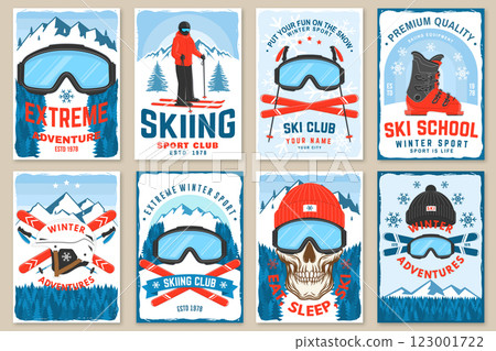 Enjoy the cold. Vector ski club retro flyer, poster, banner with mountain, ski glasses, skull skeleton, ski, helmet, ski boot. Family vacation, activity or travel. 123001722