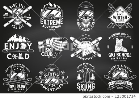 Set of ski winter sport retro badge on the chalkboard. Vector. Concept for shirt, print, seal or stamp with ski glasses, skull, skeleton hand holding ski pole. Family vacation, activity or travel. For 123001734