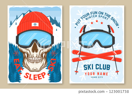 Extreme winter sport. Vector ski club retro flyer, poster, banner with ski glasses, skull skeleton in winter sport hat, mountain, ski, ski glasses. Family vacation, activity or travel. 123001738