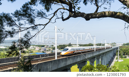 Overlooking view of the Taiwan High Speed Rail trains passing the Waipu of Taichung in Taiwan, It is the only high-speed railway in Taiwan. Overlooking view of the Taiwan High Speed Rail trains passing the Waipu of Taichung in Taiwan, It is the only high-speed railway in Taiwan. 123001793
