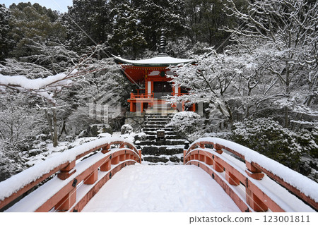 京都市世界遺產醍醐寺弁天堂被大雪覆蓋 123001811