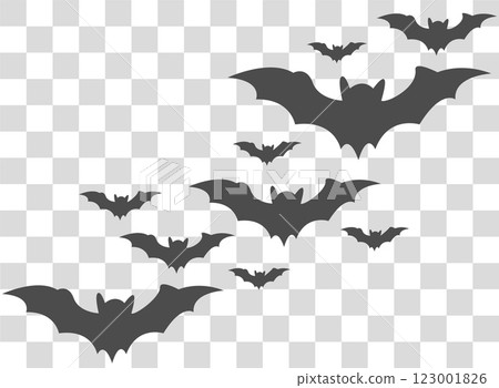 Bats flying in a night sky over a cityscape during dusk with a clear background 123001826