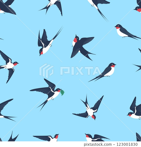 Colorful vector illustration of swallows flying against a light blue background depicting nature in motion. Seamless pattern 123001830