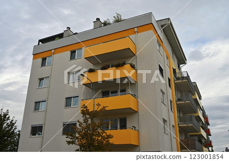 facade of a modern apartment building with windows and balconies. Czech Republic - Europe. 123001854