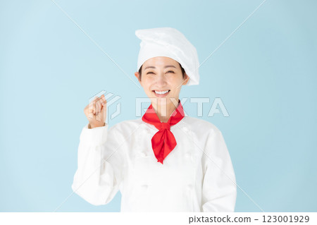 Female chef cook coat fist pump Female chef cook coat fist pump 123001929