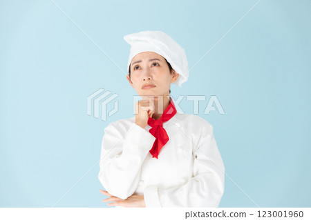 Female chef cook coat worries 123001960