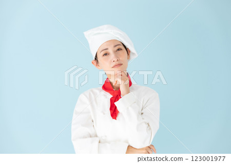 Female chef cook coat worries 123001977