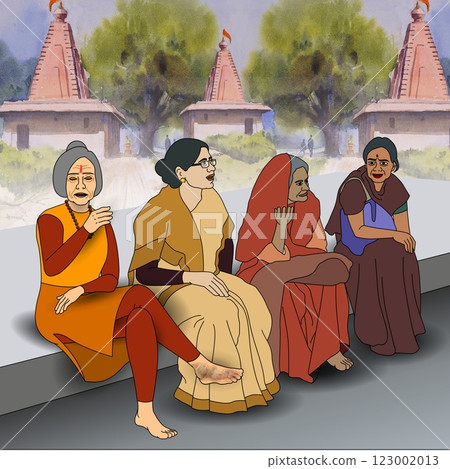 Four women in traditional attire sit together conversing. 123002013