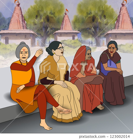 A group of four women, dressed in traditional attire. A group of four women, dressed in traditional attire. 123002014