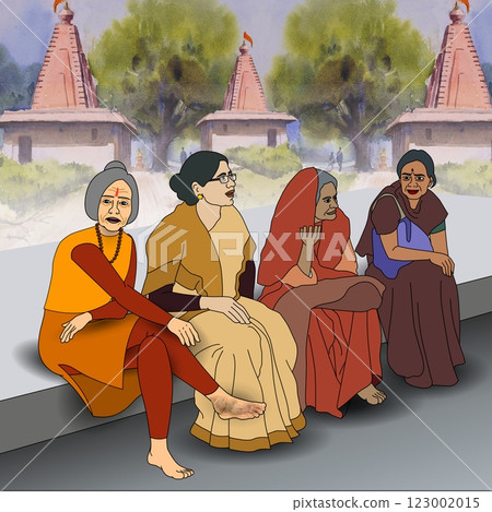 Four women seated on a bench are engaged in conversation against a backdrop of temples and trees. Four women seated on a bench are engaged in conversation against a backdrop of temples and trees. 123002015