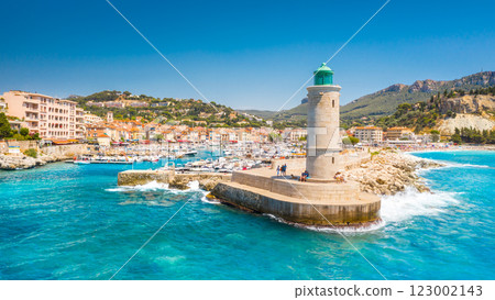 Panoramic view of the fishing village of Cassis near Marseille, Provence, South France, Europe, Mediterranean sea 123002143