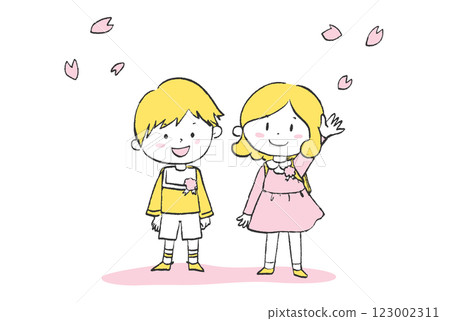 櫻花下背著書包的小學男生和女生 123002311