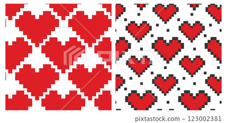 Pixel Art Red hearts Seamless Pattern. St Valentine Day greeting Pixels background Texture concept 123002381