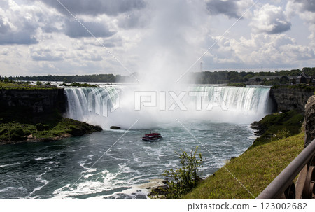 Niagara Falls Waterfalls Cascading Into Turquoise Waters Near Lush Greenery and a Boat 123002682