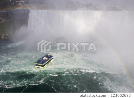 Tour Boat Navigating Through Mist Near Niagara Falls With a Rainbow in the Background Tour Boat Navigating Through Mist Near Niagara Falls With a Rainbow in the Background 123002683