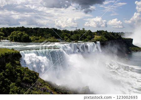 View from Observation Platform of Niagara Falls Showcasing Powerful Waterfalls and Lush Greenery 123002693