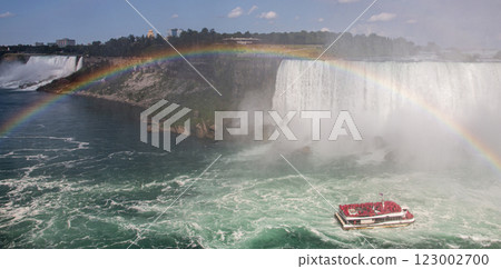 Waterfall Boat Tour Under a Vibrant Rainbow at a Famous Natural Landmark 123002700