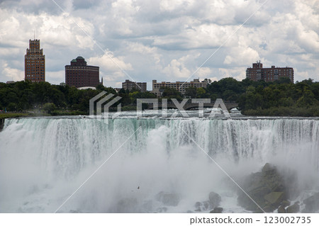 Majestic View of Niagara Falls With City Skyline Under a Cloudy Sky Majestic View of Niagara Falls With City Skyline Under a Cloudy Sky 123002735